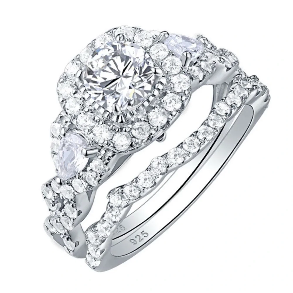 Silver Diamond Halo Engagement Ring Set Wedding - Picture 1 of 14